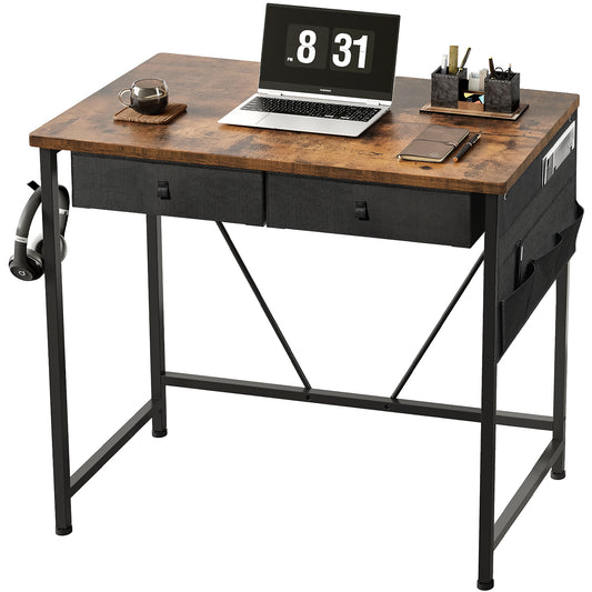 MAIHAIL 31.5 inch Desk with Drawers, Rustic Brown+ Black