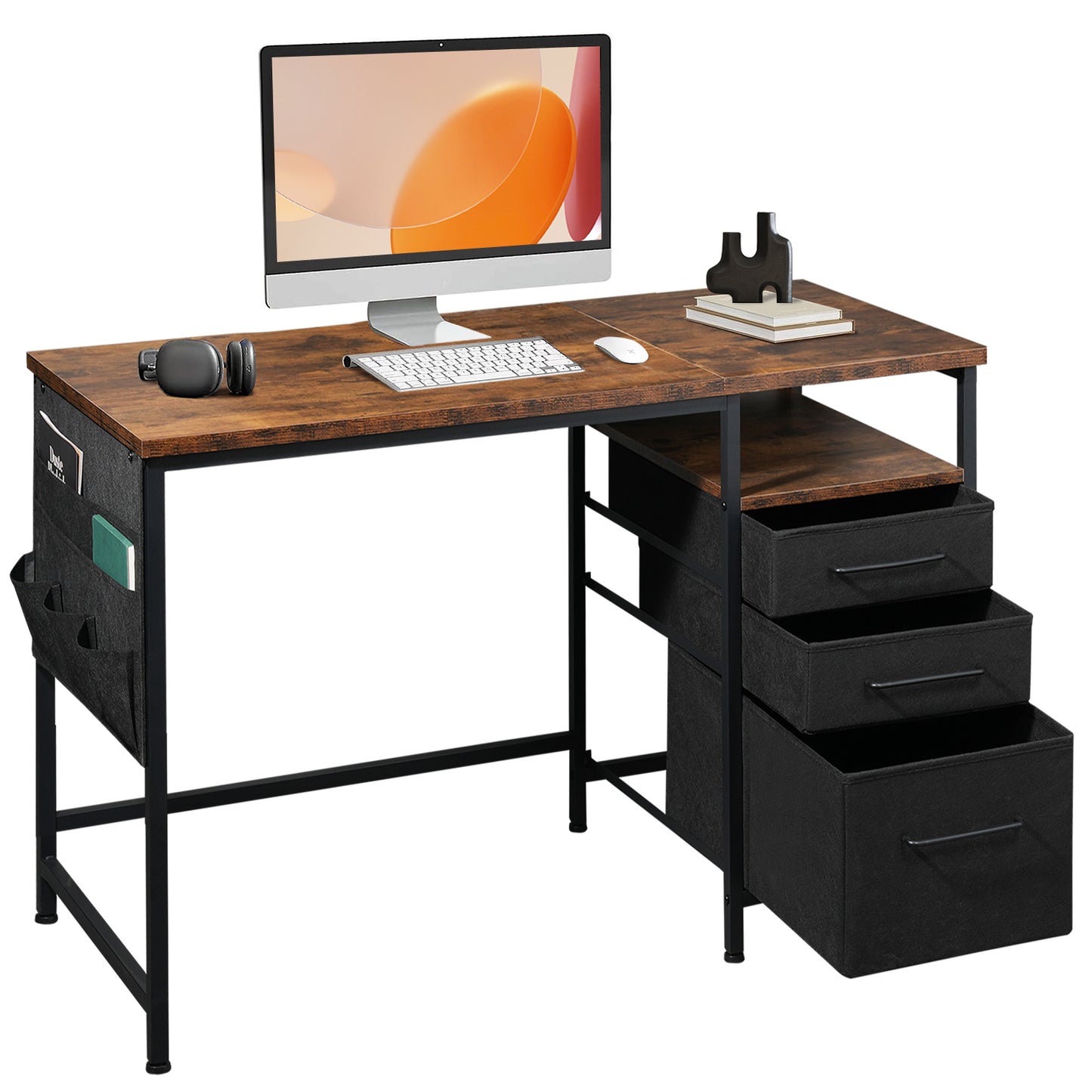 MAIHAIL 40 inch Desk with Drawers, Rustic Brown+ Black