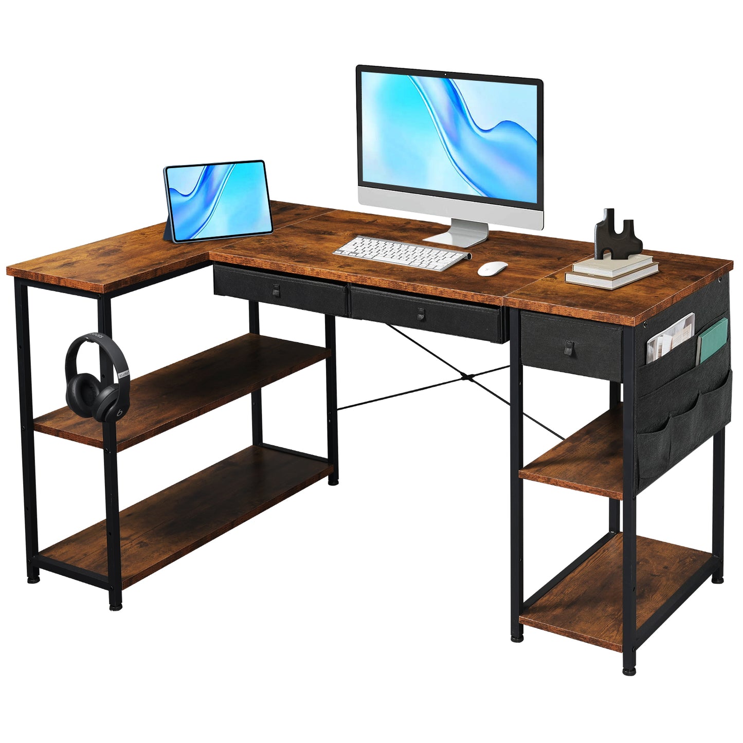 MAIHAIL 55 inch L Shaped Desk, Rustic Brown