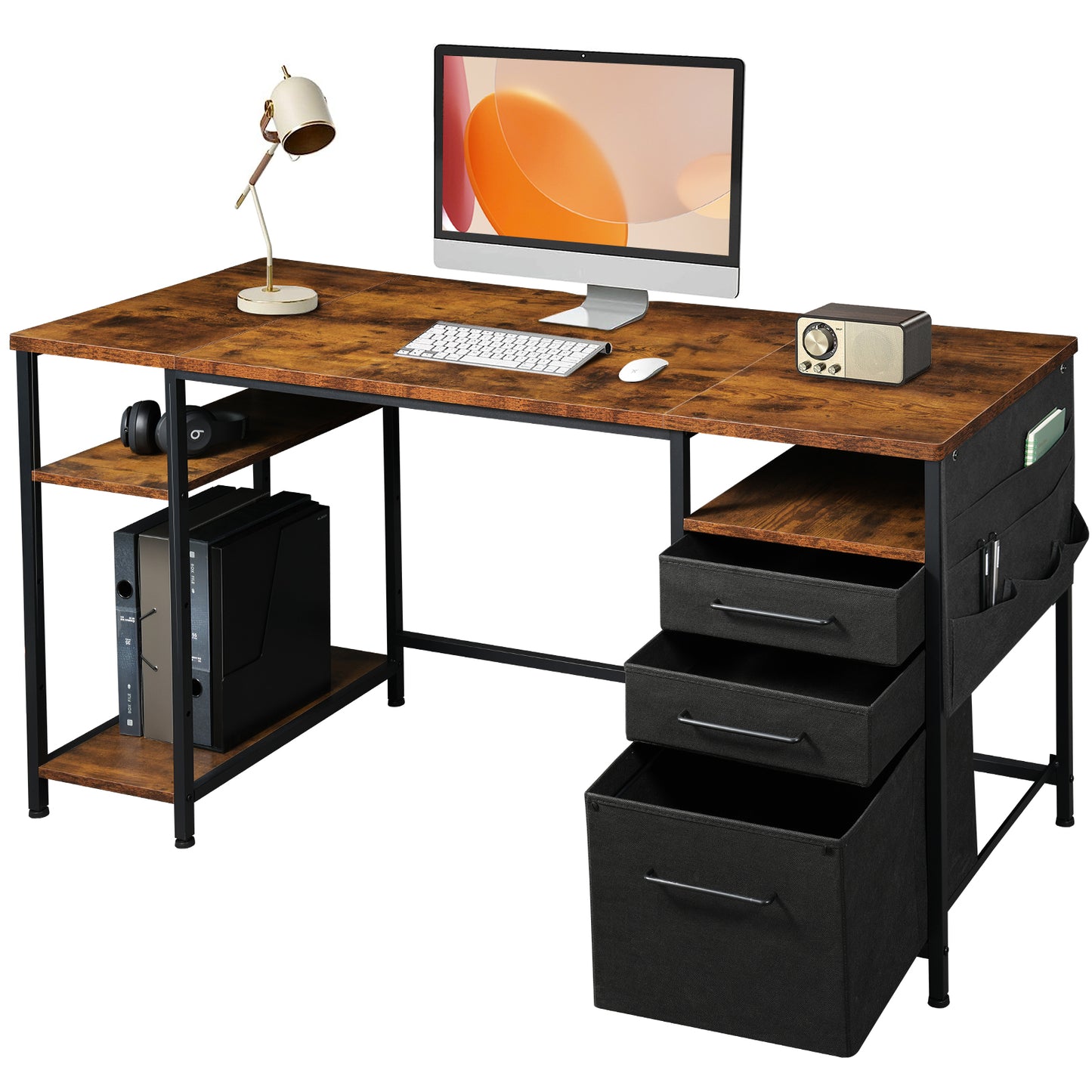 MAIHAIL 59 inch Desk with Drawers, Rustic Brown+ Black