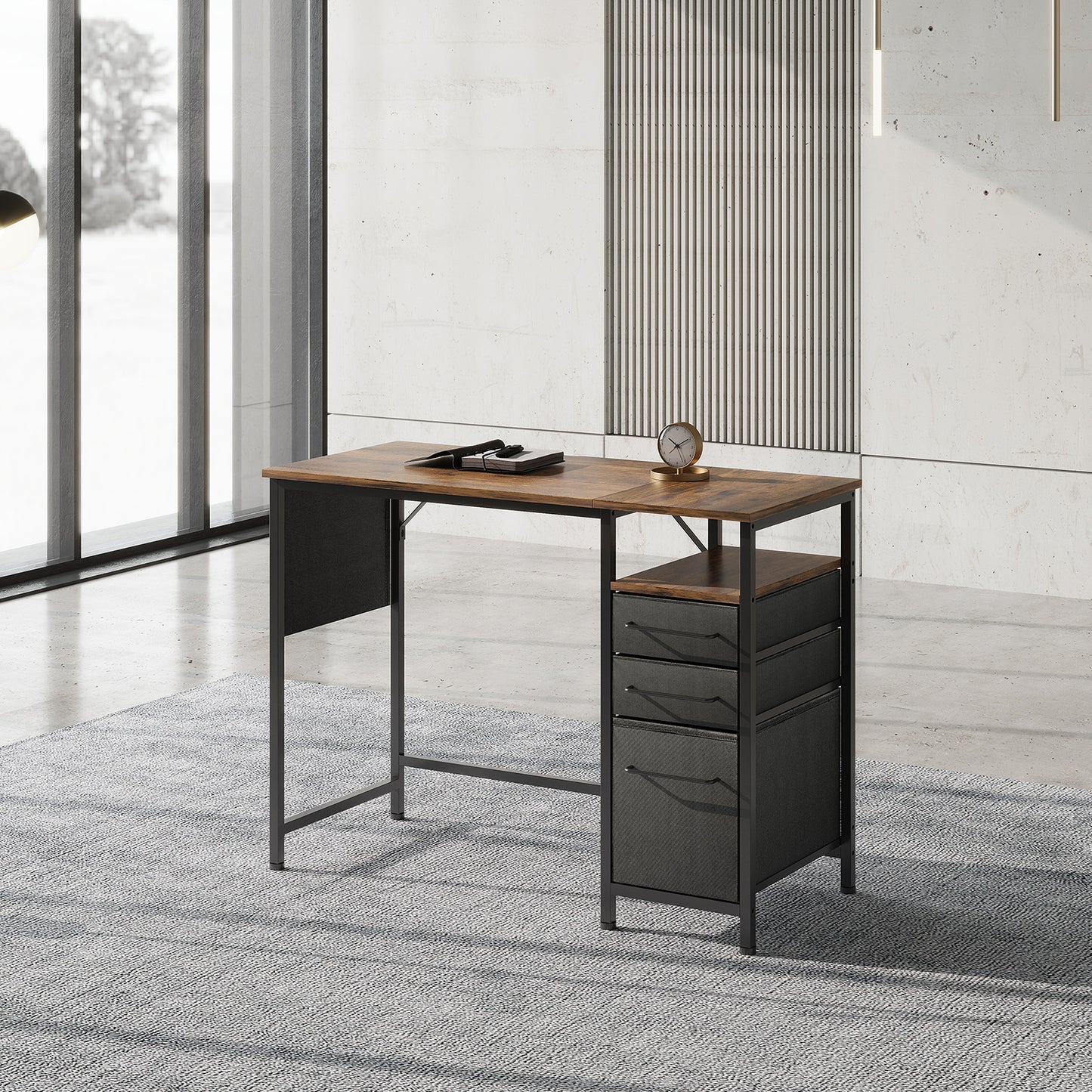 MAIHAIL 40 inch Desk with Drawers, Rustic Brown+ Black