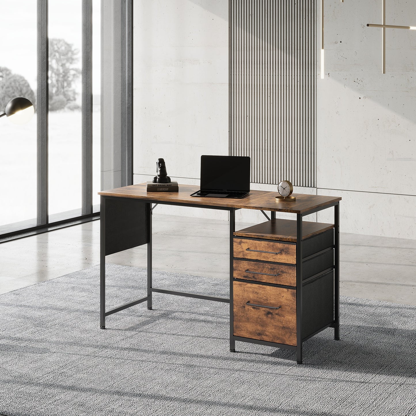 MAIHAIL 47 inch Desk with Drawers, Rustic Brown+ Black