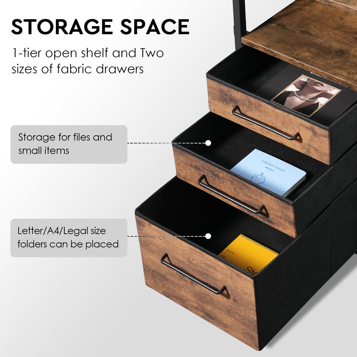 MAIHAIL 47 inch Desk with Drawers, Rustic Brown+ Black