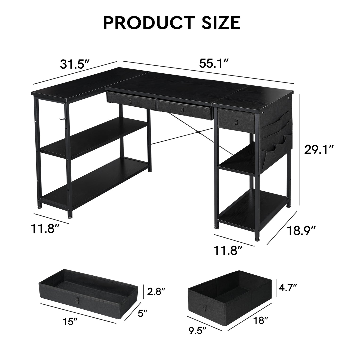 MAIHAIL 55 inch L Shaped Desk, Black