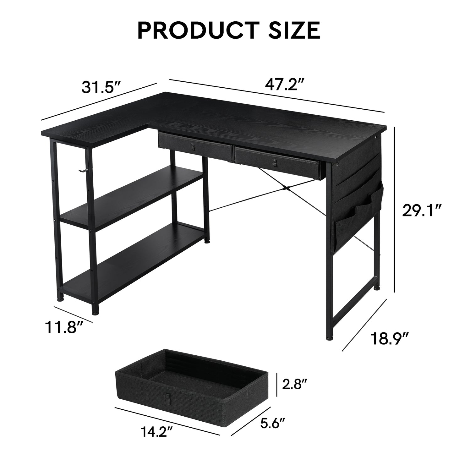 MAIHAIL 47 inch L Shaped Desk, Black