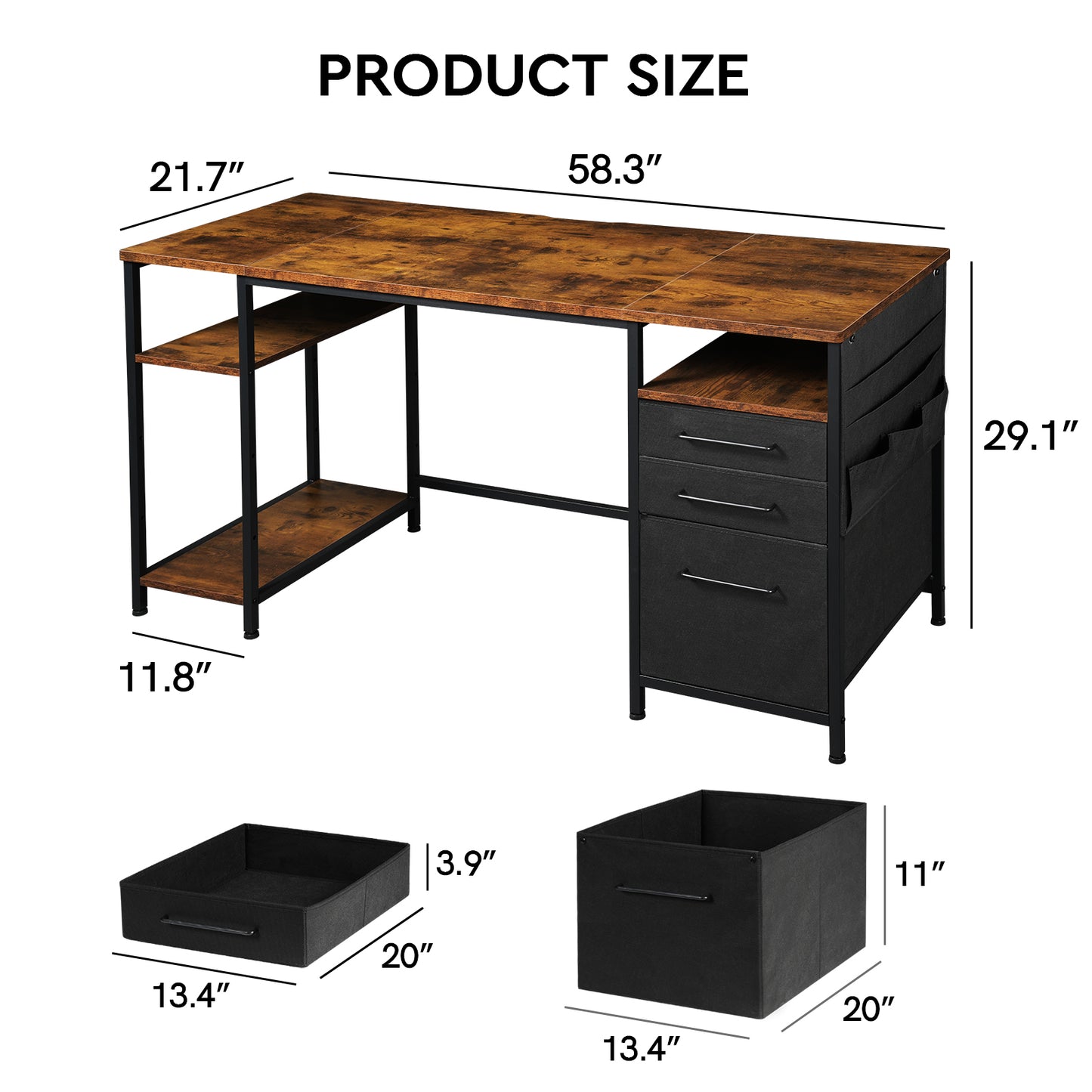 MAIHAIL 59 inch Desk with Drawers, Rustic Brown+ Black