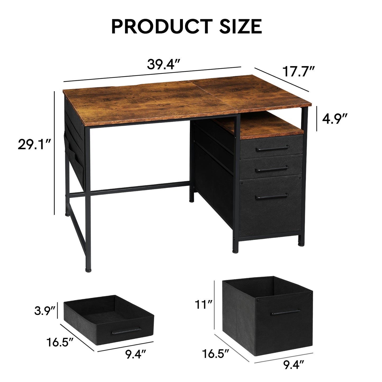 MAIHAIL 40 inch Desk with Drawers, Rustic Brown+ Black