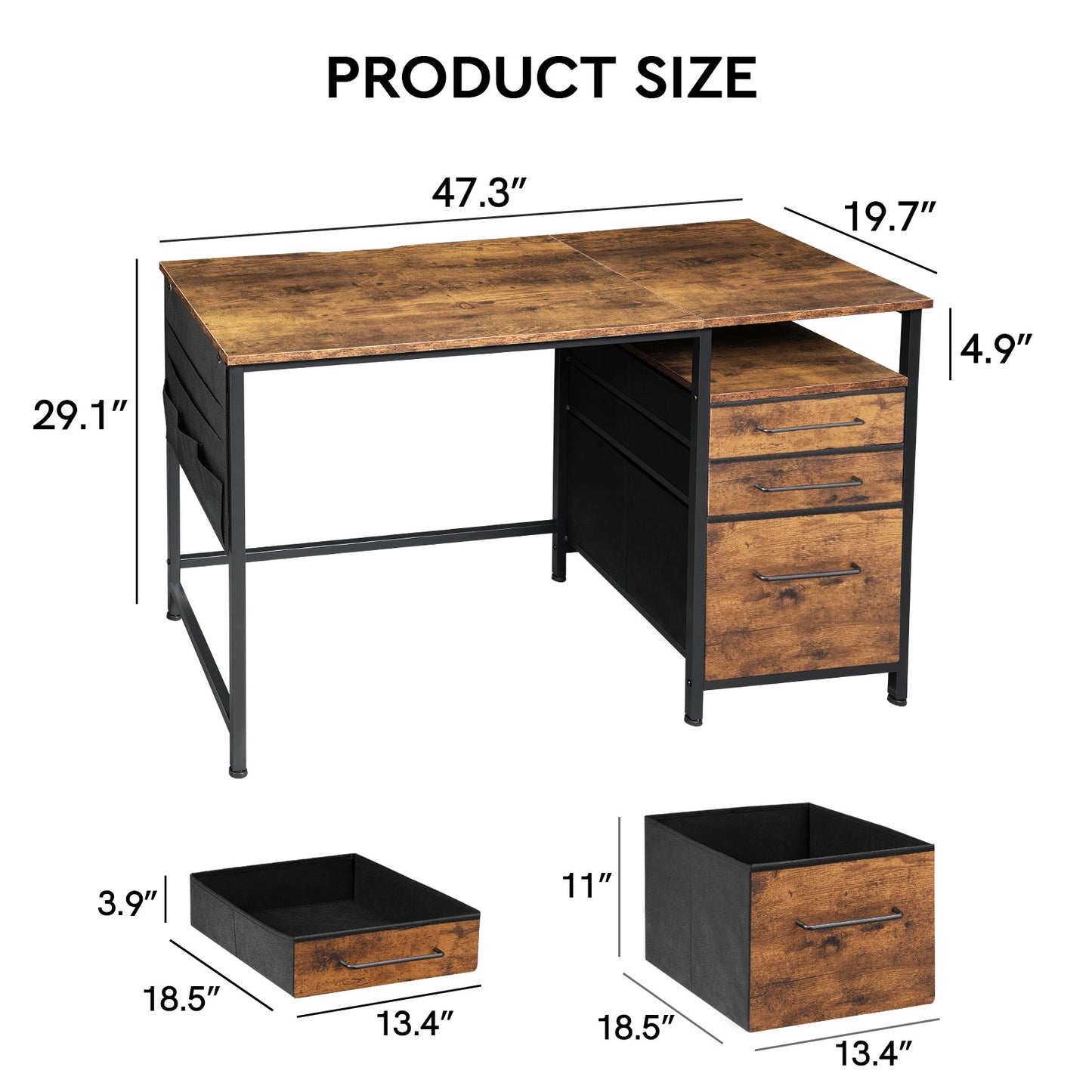 MAIHAIL 47 inch Desk with Drawers, Rustic Brown+ Black