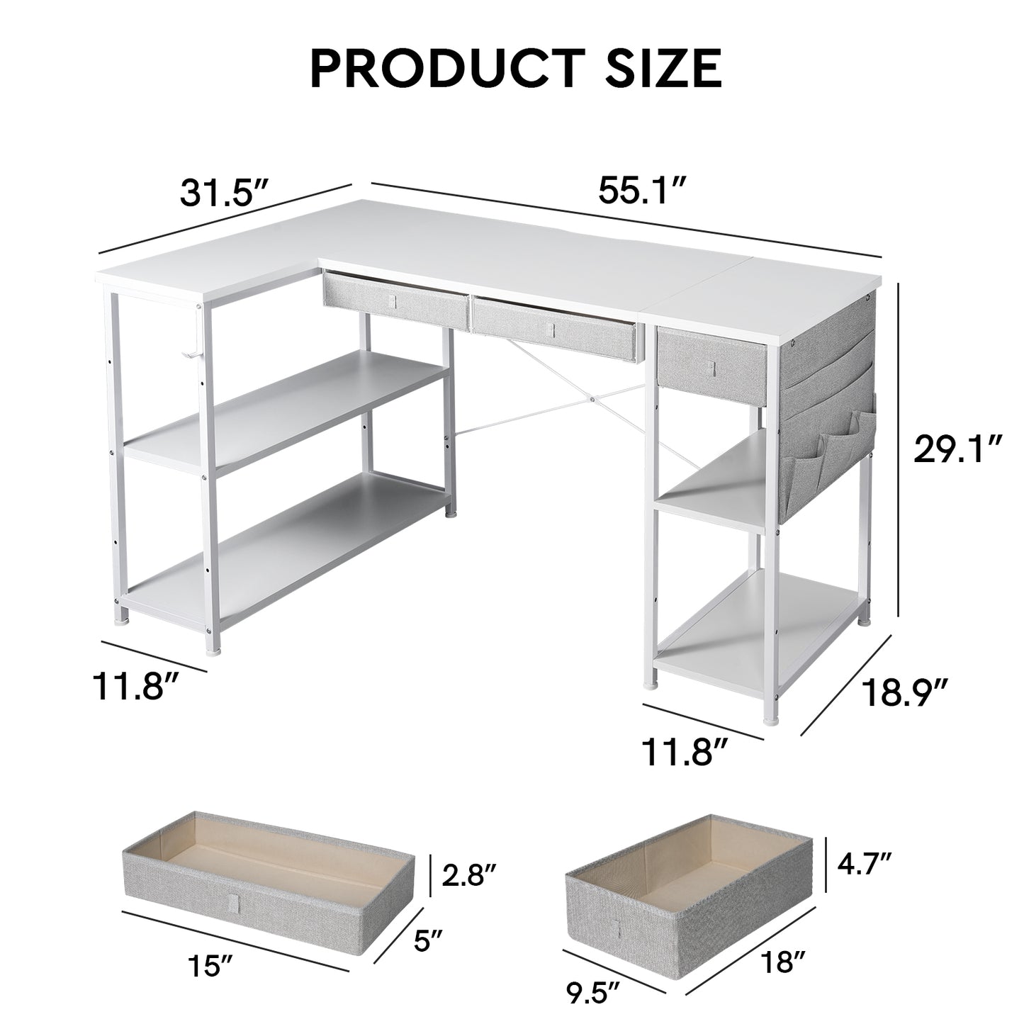 MAIHAIL 55 inch L Shaped Desk, White