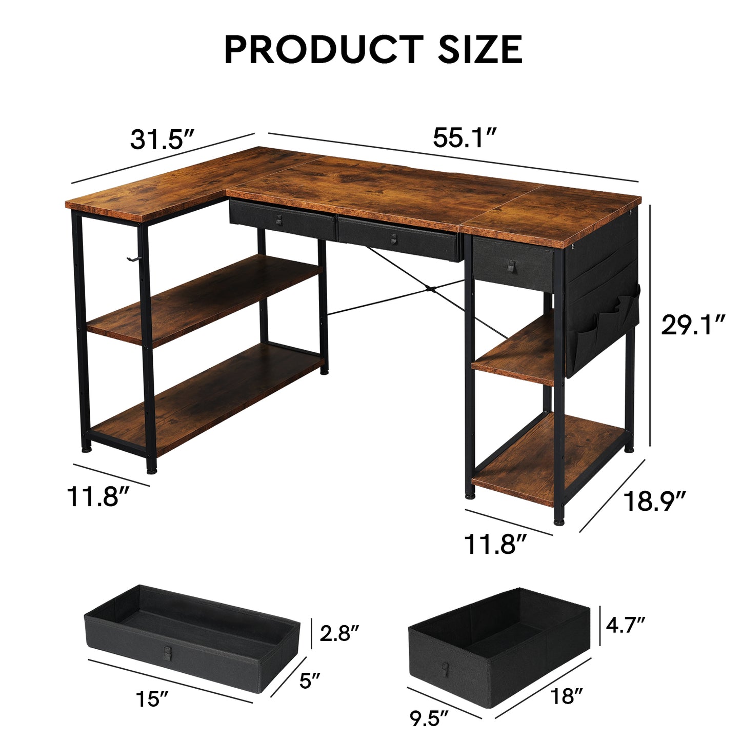 MAIHAIL 55 inch L Shaped Desk, Rustic Brown