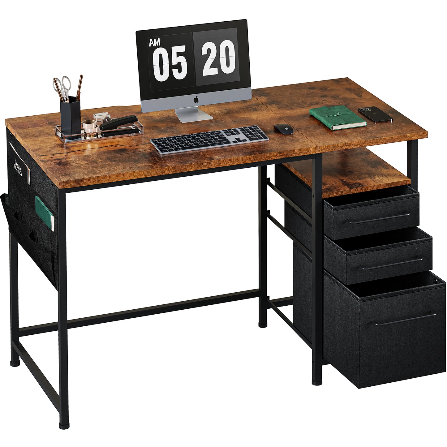 MAIHAIL 40 inch Desk with Drawers, Rustic Brown+ Black