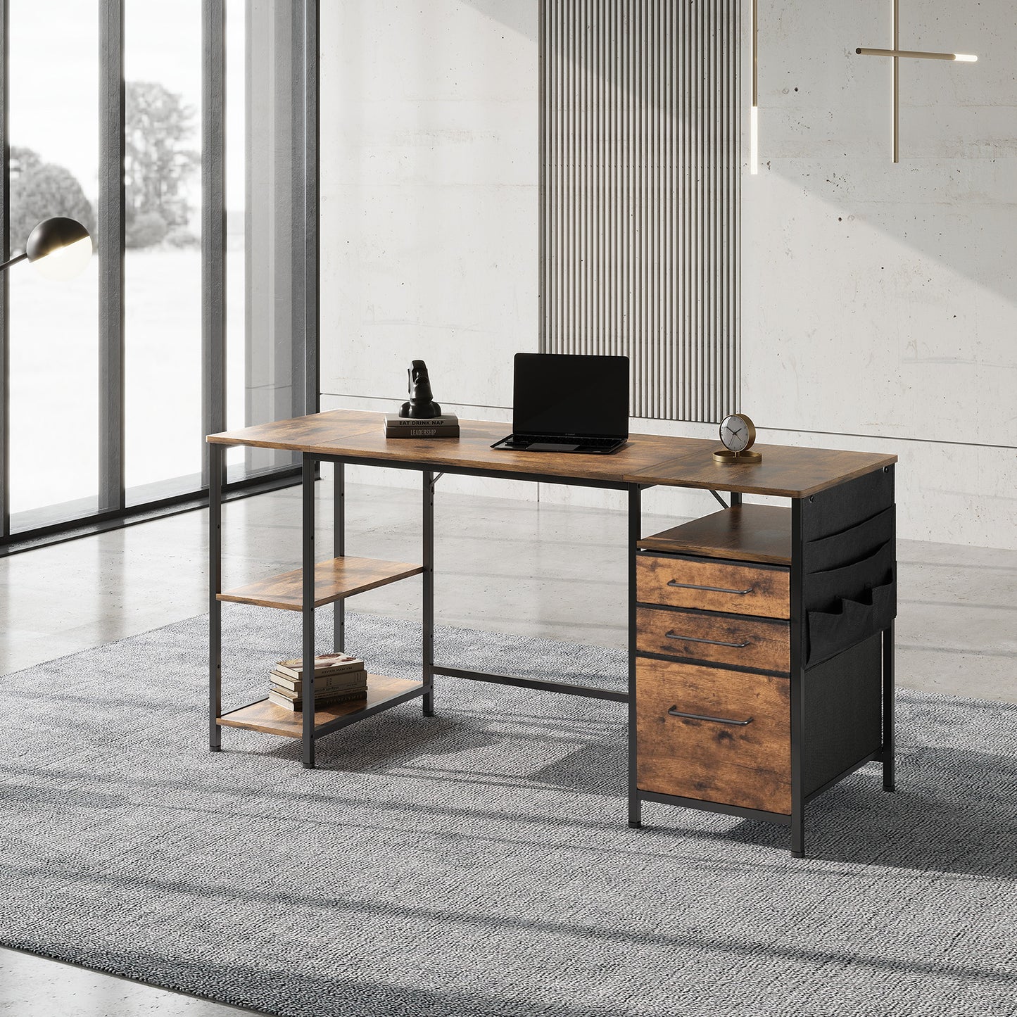 MAIHAIL 59 inch Desk with Drawers, Rustic Brown