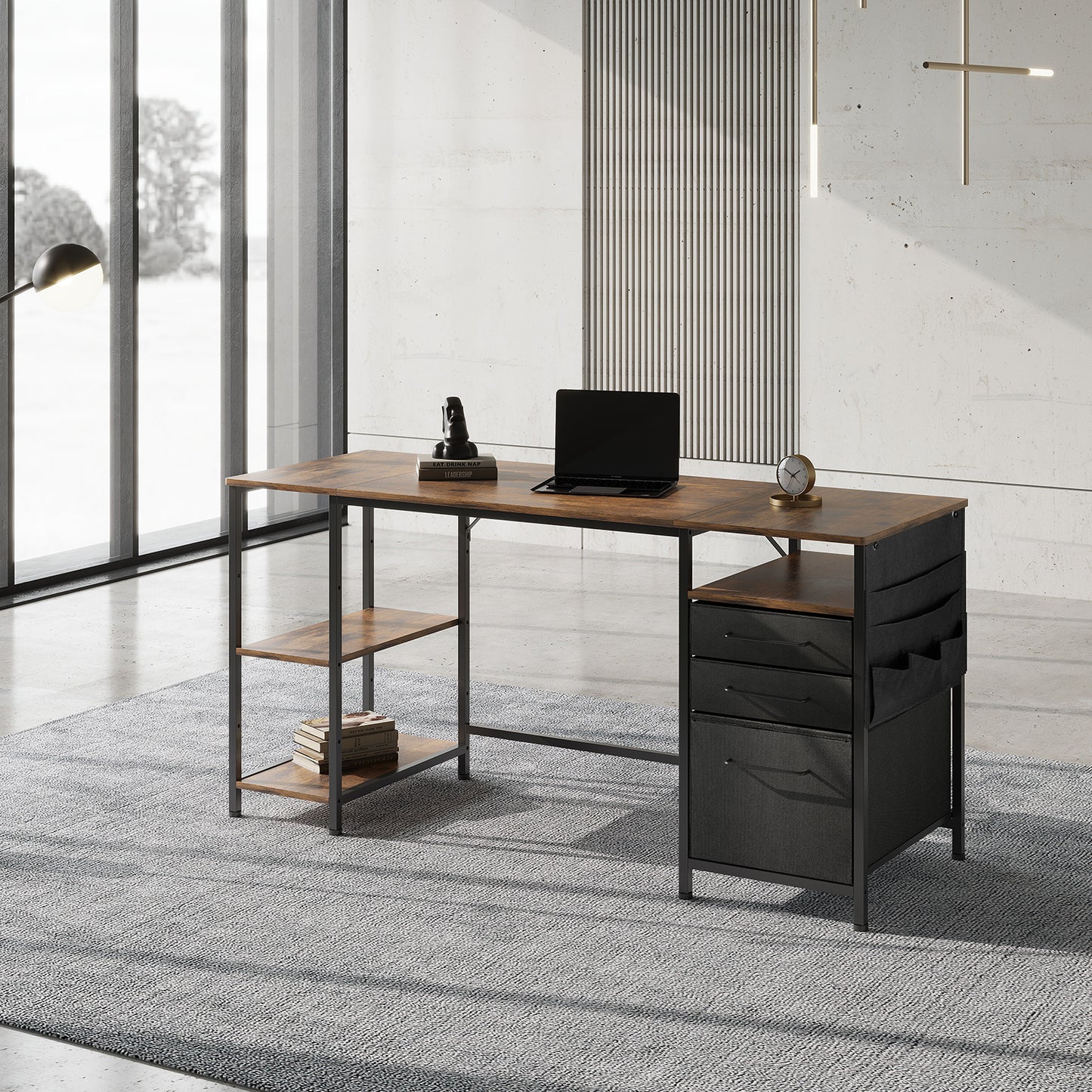 MAIHAIL 59 inch Desk with Drawers, Rustic Brown+ Black