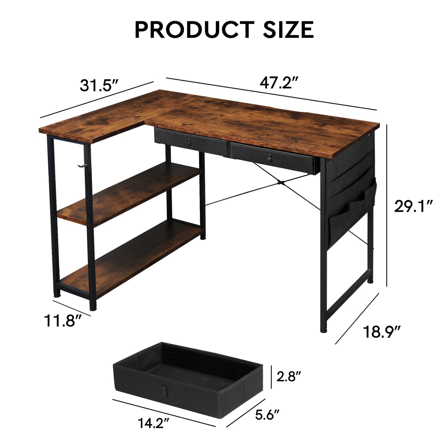 MAIHAIL 47 inch L Shaped Desk, Rustic Brown